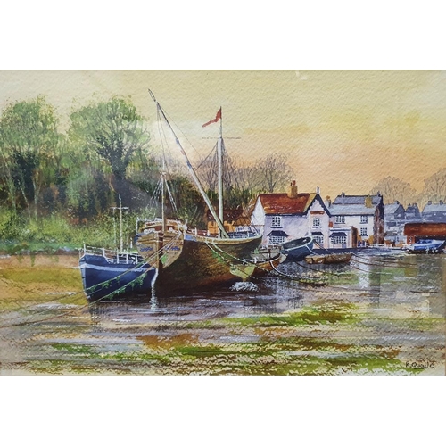 368 - After Roland Hilder
 Colour print
 Fishing boats moored 
 R Quaile
 Watercolour drawing
 