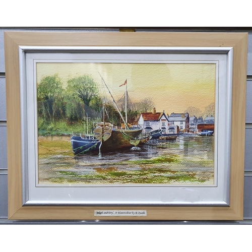 368 - After Roland Hilder
 Colour print
 Fishing boats moored 
 R Quaile
 Watercolour drawing
 