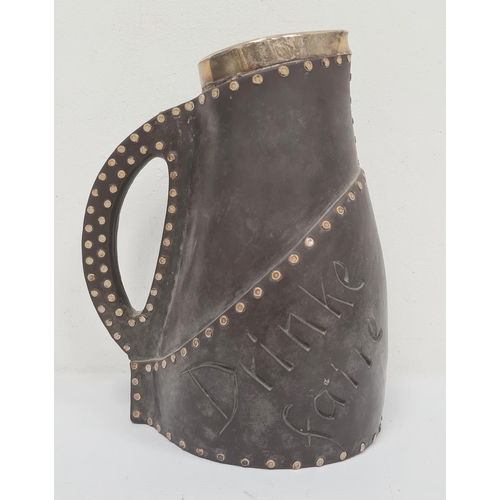 37 - Doulton silver-mounted jug, leather studded-effect, marked 'Drinke Faire Dont Sware'', with silver r... 