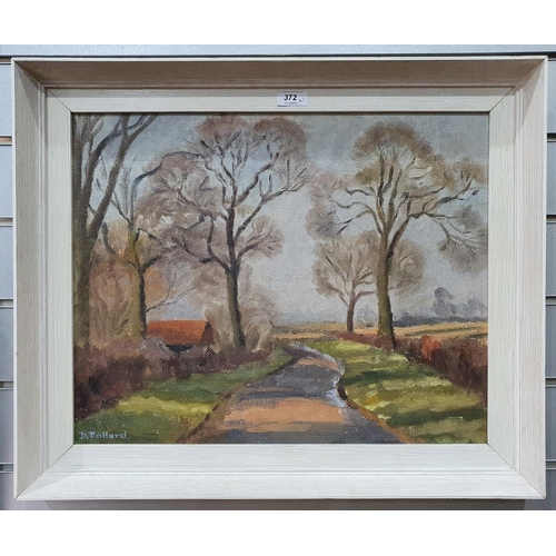 372 - D Pollard 
 Oil on board 
 Country Lane, signed, 40cm x 49cm
 Chinese embroidered panel and three ot... 