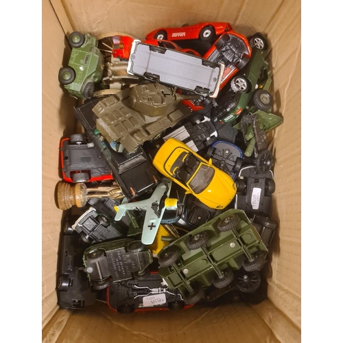 503 - Matchbox carry case, various model vehicles and a box of loose model vehicles to include tanks etc (... 