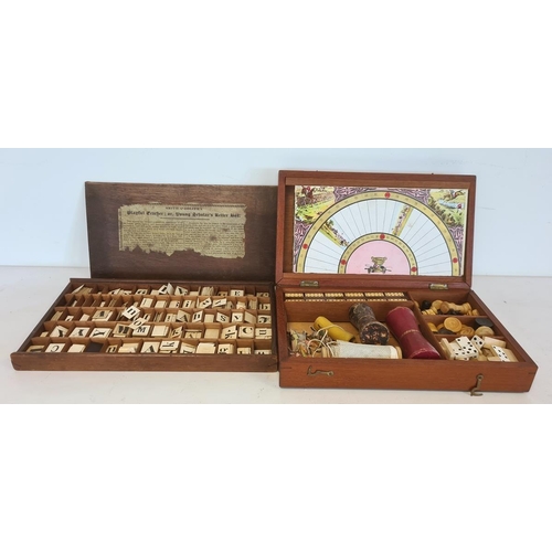 553 - Vintage wooden travelling games box to include chess, dominoes and draughts, etc, with leather dice ... 