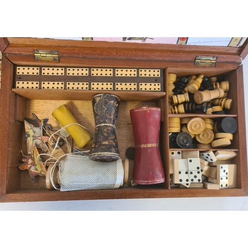 553 - Vintage wooden travelling games box to include chess, dominoes and draughts, etc, with leather dice ... 