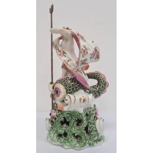 64 - 18th century Derby porcelain figure of Neptune on a seashell encrusted and pierced rococo scroll bas... 