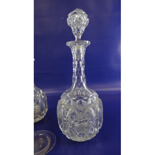 101A - Set of four ( 2 pairs) graduated cut glass wine decanters and a box of miniature glass dishes