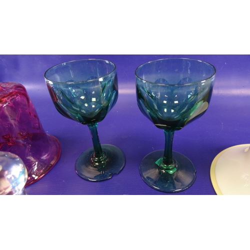 101 - Four assorted paperweights to include Caithness 'Optics' R588, assorted coloured wines, two glass be... 