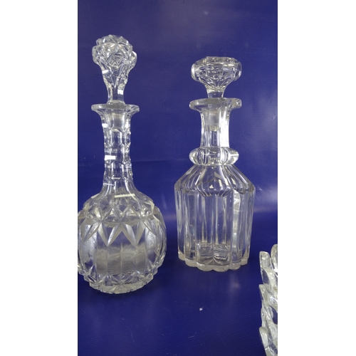 102 - Assorted glass decanters, assorted stoppers, glass bowls, etc