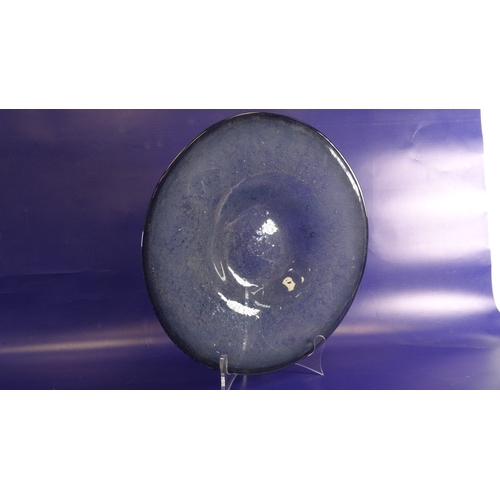 104 - 20th century studio glass circular dish in blue and clear bubbled glass, 30cm diameter