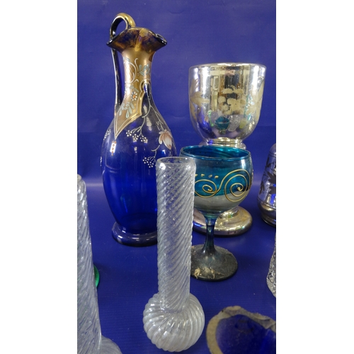 109 - Pair of silvered glass goblets with painted decoration, 21cm high, another similar vase, a blue glas... 