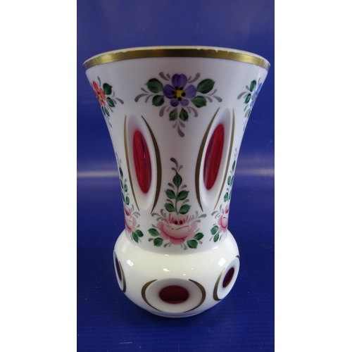 118 - Victorian glass vase, of flared form, the opaque white overlay cut to show ruby flashes and painted ... 