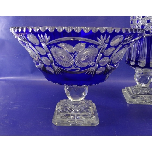 120 - Pair of blue glass pedestal bowls of circular form with flash cut floral decoration, on stepped squa... 