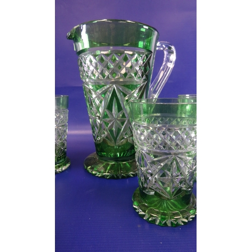 98 - 20th century green overlaid cut glass lemonade jug and six matching tumblers, a pair of glass decant... 