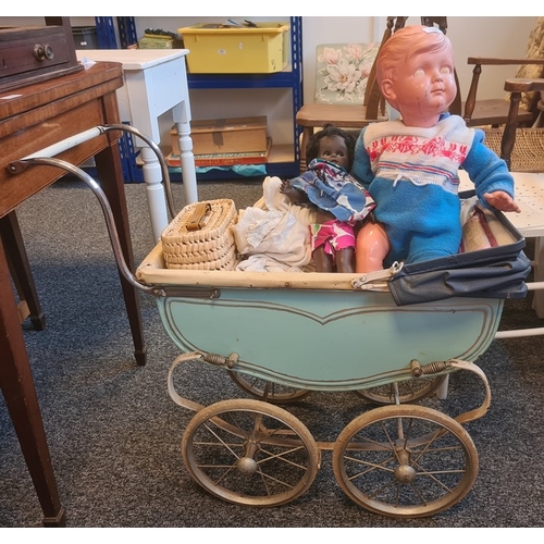 541 - Doll's pram, 20th century doll, black doll, doll's clothes and peg box