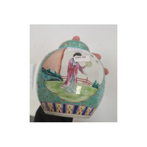 135A - Chinese ginger jar and cover with painted panels depicting a man and boy and a lady with fan, agains... 