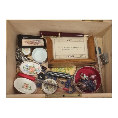 239A - Penwork and painted walnut casket, rectangular, three model cars, quartz mantel clock and a small qu... 