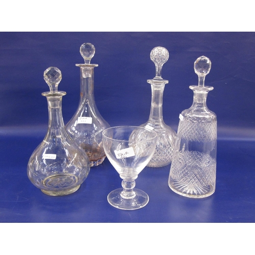 132 - Cut glass decanter, mallet-shaped, two ball and shaft shaped cut decanters, another shouldered with ... 