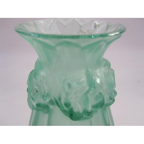 142 - Lalique green satin glass vase, tapered and panelled, embossed rosebuds to the neck, 15cm high