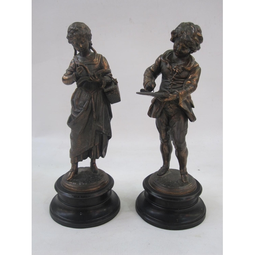 145 - Pair of bronze effect figures, children reading books, on socle bases