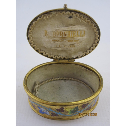 156 - Late 19th century Italian gilt metal jewellery box of oval form, the hinged cover inset with a pietr... 