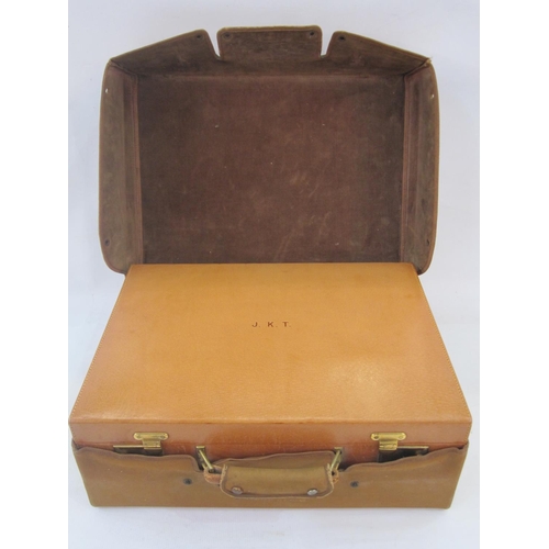 166 - Circa 1930's leather vanity case opening to a leather interior, enclosing red lacquer and inlaid gil... 