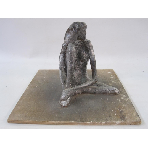 175 - Bill Young (1929-2012) silver painted plaster maquette of a seated nude, on wooden plinth base, 20cm... 