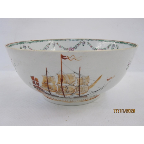 179 - 19th century Chinese porcelain punchbowl painted with three-masted sailing vessels, in iron red, flo... 