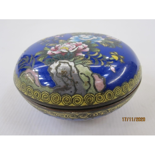 182 - Cloisonne enamel circular bowl and cover, blue ground and decorated with flowers and butterflies, 9c... 