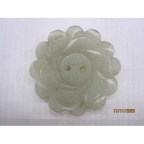 195 - Chinese carved jade plaque, pale celadon, in the form of a flowerhead with concave petals and cross-... 