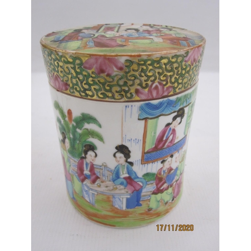 197 - Chinese Canton porcelain tea caddy and cover, cylindrical and painted with figures in a garden, in f... 