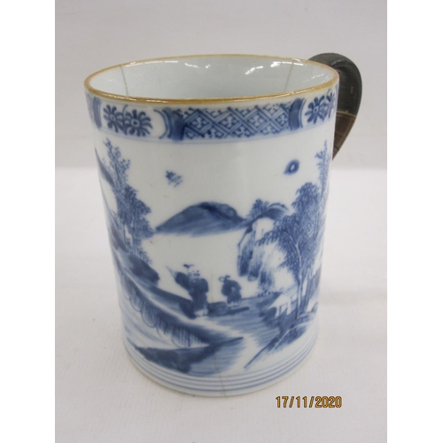 204 - Probably late 18th century Chinese porcelain mug, cylindrical with underglaze blue lakeside landscap... 