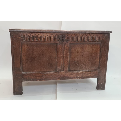 21 - Antique oak coffer having triple-framed panelled top, nulled frieze, double-framed panelled front, o... 