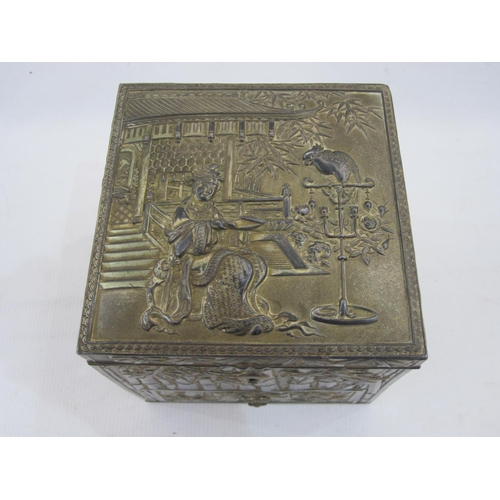 221 - Antimony lidded box, square, embossed with figure, pagoda and bamboo, with basal drawer, 14cm square