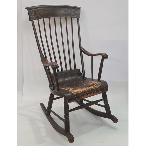 34 - Antique stained and painted Boston rocker, the scroll top rail with painted scroll and foliate decor... 