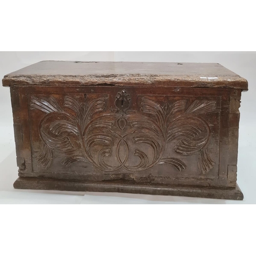 39 - Antique carved oak coffer, the front panel with foliate scroll and all on plinth base, 91cm wide (pr... 