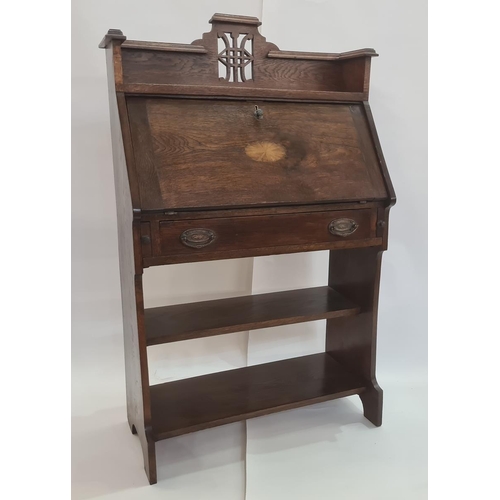 4 - 20th century oak student's bureau, the three-quarter galleried top shelf above the inlaid fall, open... 