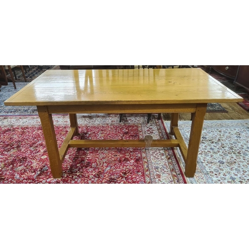 41 - Large oak kitchen dining table, rectangular and on chamfered supports with H-stretcher, 158cm wide