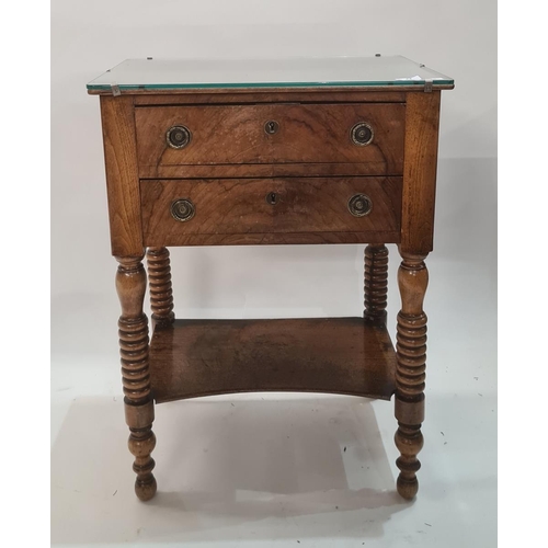 44 - Figured walnut bedside table with two short drawers and on turned supports with under-platform, 53cm... 