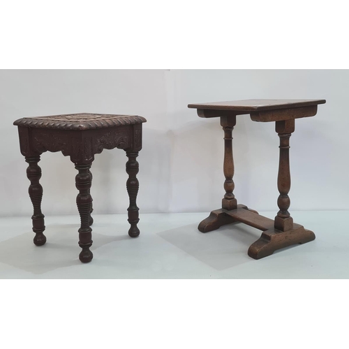 48 - Early 20th century side table, the square top with carved decoration, moulded edge, on turned suppor... 