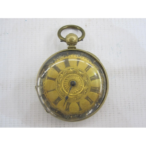 494 - Late 19th/early 20th century Victorian open faced pocket watch with engraved dial in gilt metal case... 