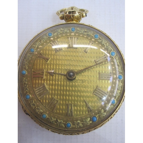 497 - George IV 18ct gold open faced pocket watch, the engine turned dial with roman numerals within a flo... 