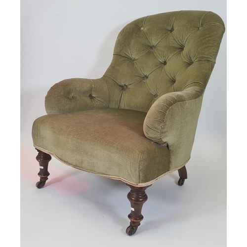 50 - Late Victorian salon chair in olive green button backed upholstery, turned front legs to black china... 