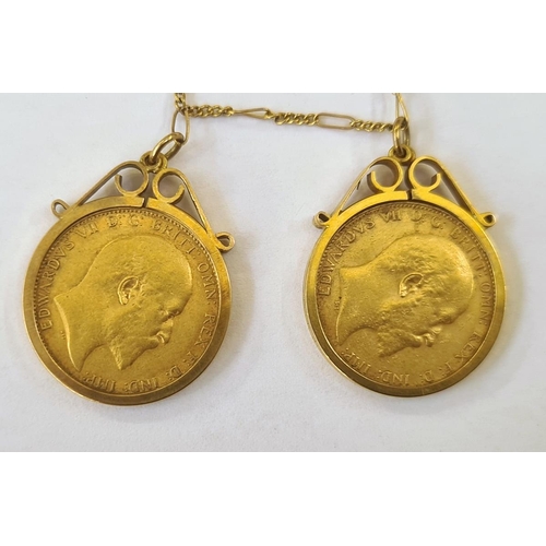 522 - Two Edwardian sovereigns dated 1910, each in 9ct gold pendant mount, on fine gold chain (2)