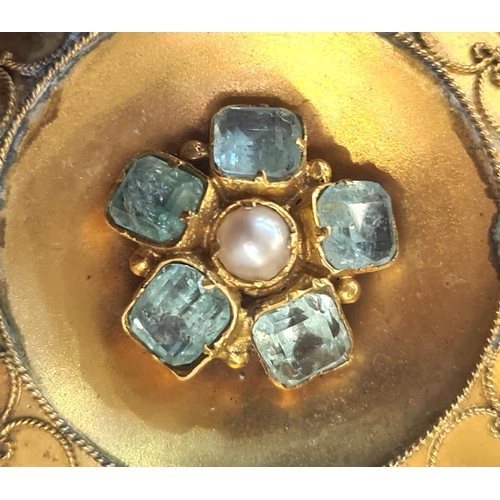 564 - Antique gold-coloured metal, aquamarine and pearl pendant/brooch, circular with matt finish set with... 