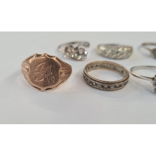 588 - 9ct rose gold signet ring with shield top, 9ct silver and white stone eternity ring, white metal rub... 