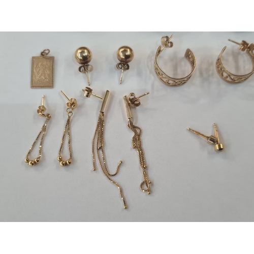 601 - Quantity of 9ct gold and other hoop drop and pendant earrings and a 9ct gold St Christopher pendant,... 