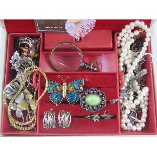 699 - Marcasite set ring, silver earrings, brooches and other costume jewellery in jewel box