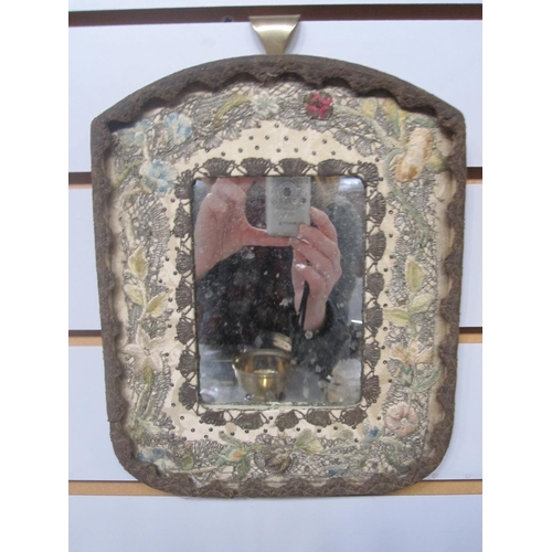 80 - Pair of antique embroidered framed mirrors, with metal thread, sequinned and floral borders, 21.5cm ... 