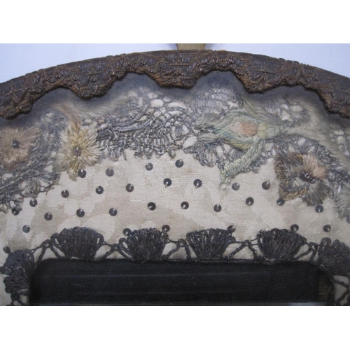 80 - Pair of antique embroidered framed mirrors, with metal thread, sequinned and floral borders, 21.5cm ... 