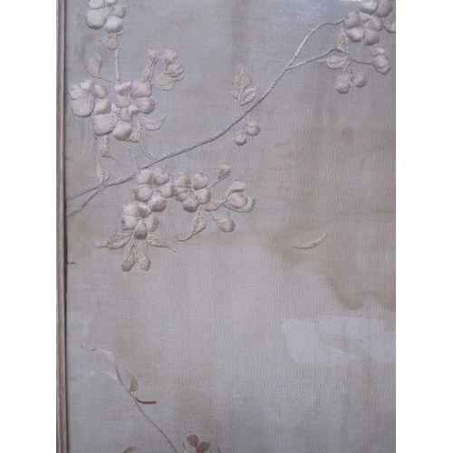 84 - Chinese silk embroidered panel, rectangular, beige with pink, yellow and beige cherry blossom, 1.8cm... 