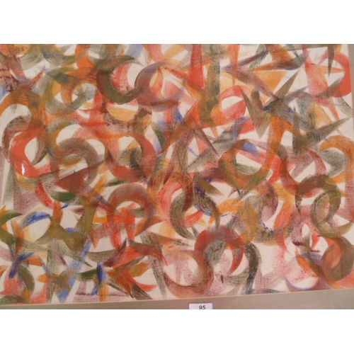 95 - 20th century school 
 Acrylic on canvas board 
 Abstract crescent and triangles in red, green, yello... 